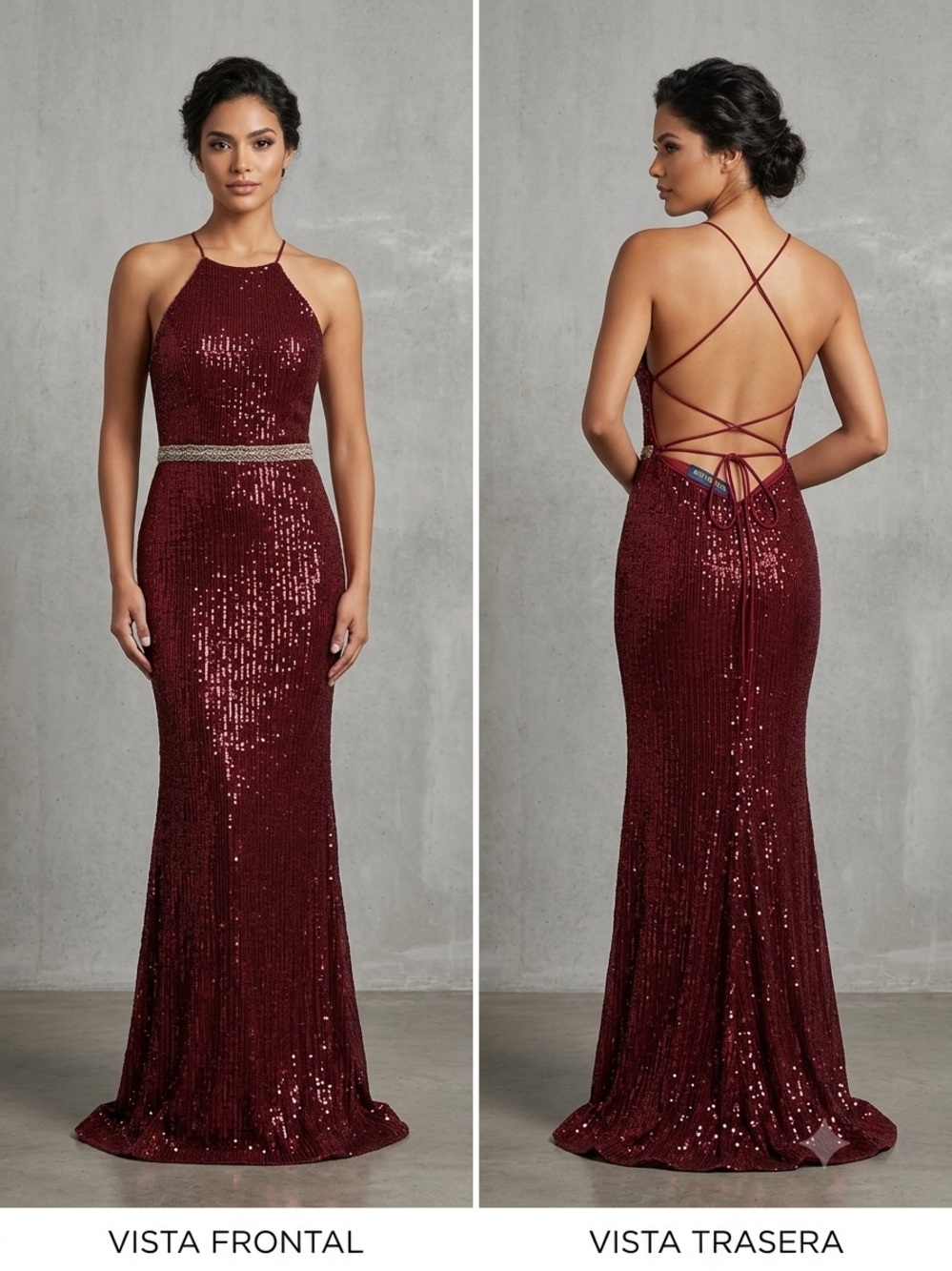 Sequin Backless Halter Evening Gown - Burgundy